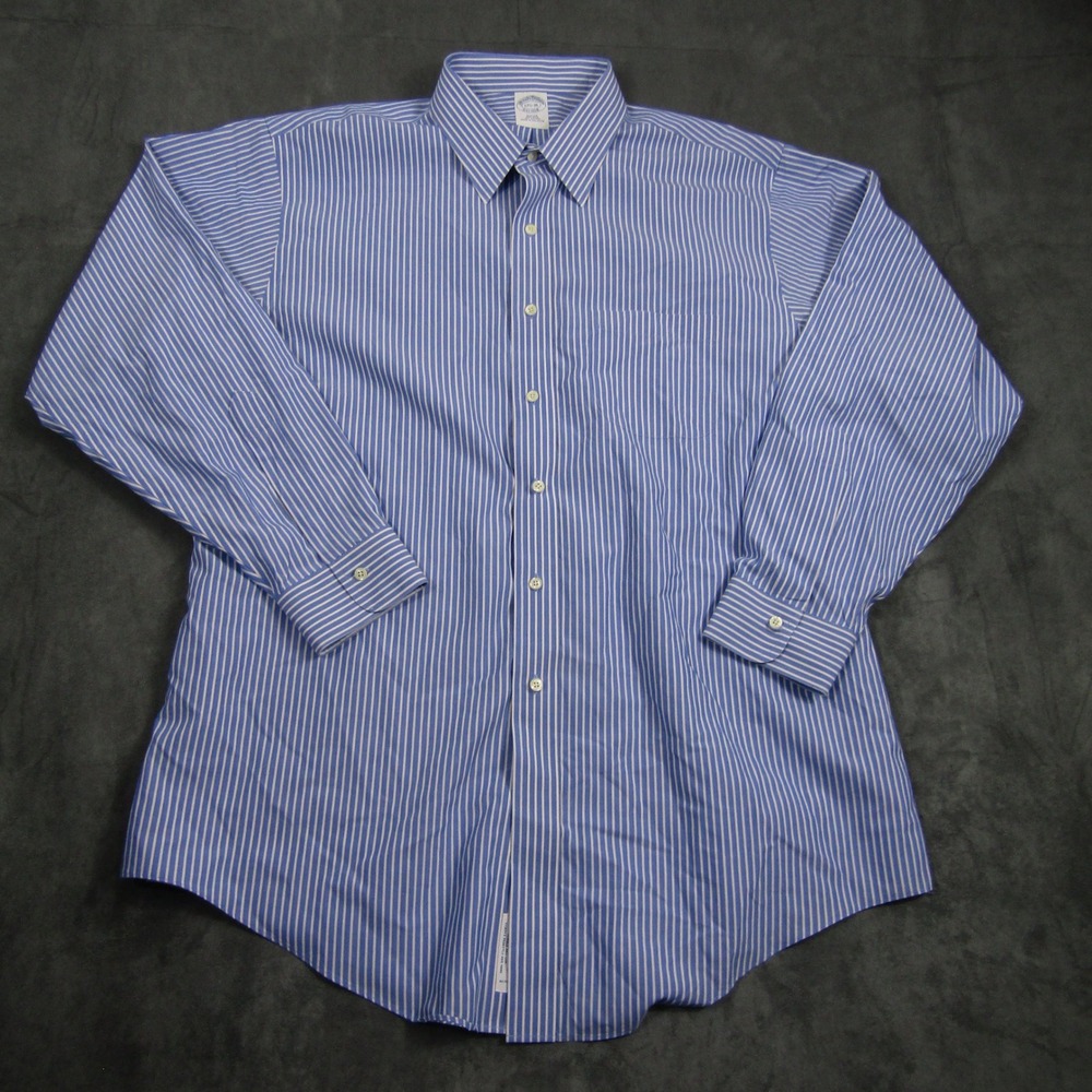 Brooks Brothers Dress Shirt Men 17.5-35 Blue Striped Slim Fit Non-Iron Cotton